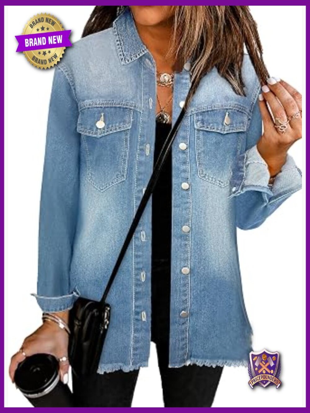 Oversized Denim Jacket with Distressed Frayed Hem Long Sleeve Button Front Jean - Picture 1 of 6